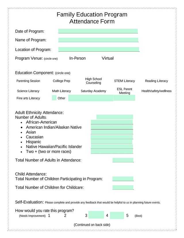 Family Education Program Attendance Form screenshot