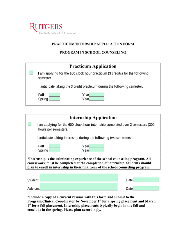 PracticumInternship Application Form screenshot