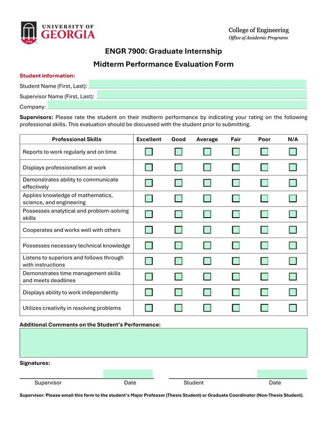 ENGR 7900 Graduate Internship Midterm Performance Evaluation Form screenshot