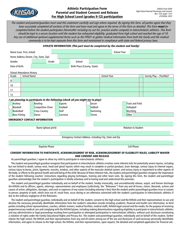 Athletic Participation Form   KHSAA Form GE04 screenshot
