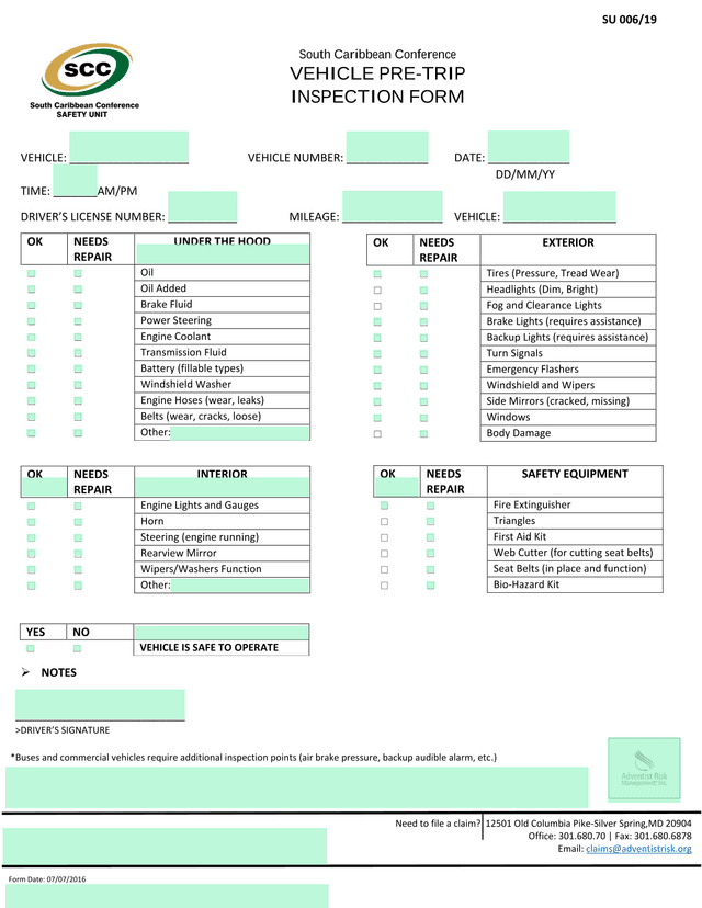 VEHICLE PRE TRIP INSPECTION FORM screenshot