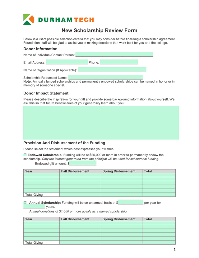 New Scholarship Review Form screenshot