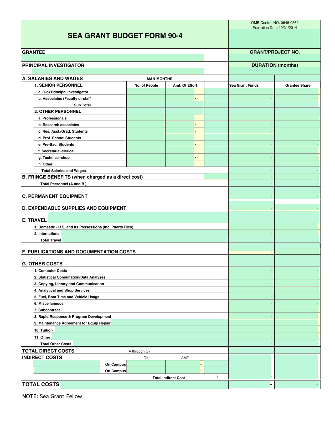 Grantee Budget Form screenshot