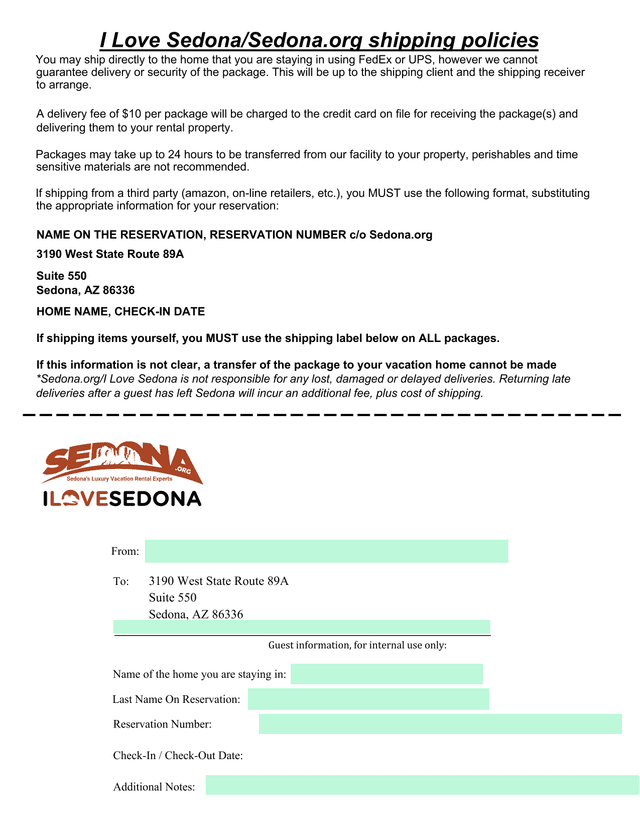 Sedona.Org Shipping Policies screenshot