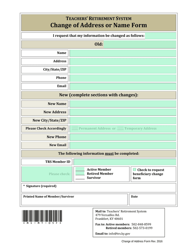 Change Of Address Or Name Form screenshot