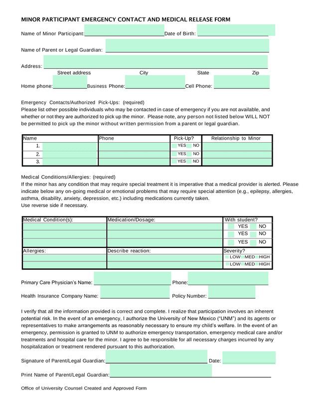 MINOR PARTICIPANT EMERGENCY CONTACT AND MEDICAL RELEASE FORM screenshot