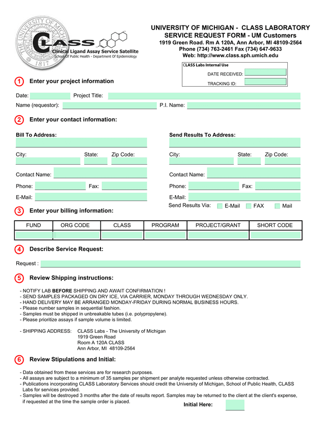University Of Michigan CLASS Laboratory Service Request Form screenshot