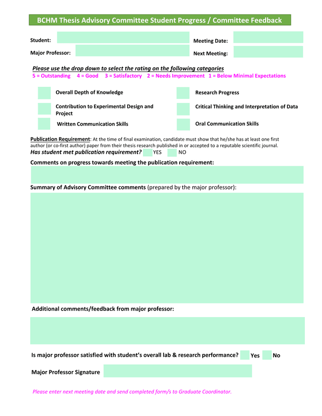 BCHM Thesis Advisory Committee Student Progress  Committee Feedback screenshot