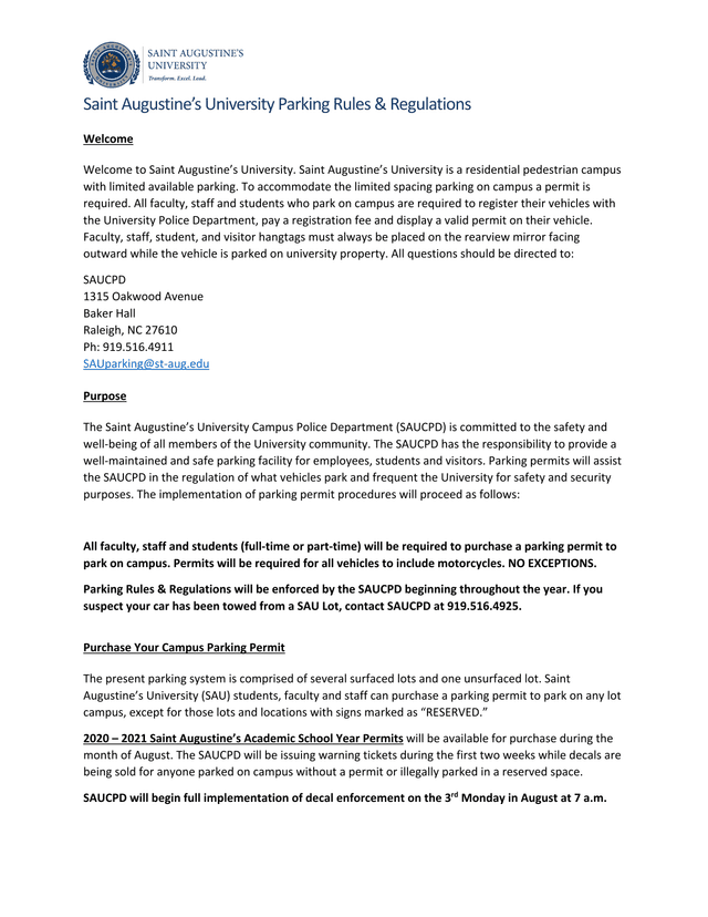 Saint AugustineS University Parking Rules  Regulations screenshot