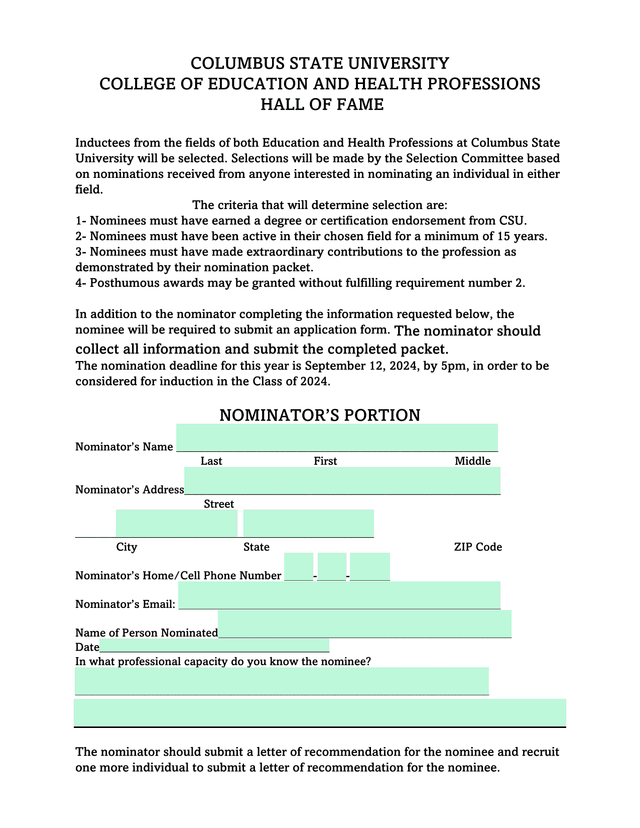 Columbus State University College Of Education And Health Professions Hall Of Fame Nomination Form screenshot
