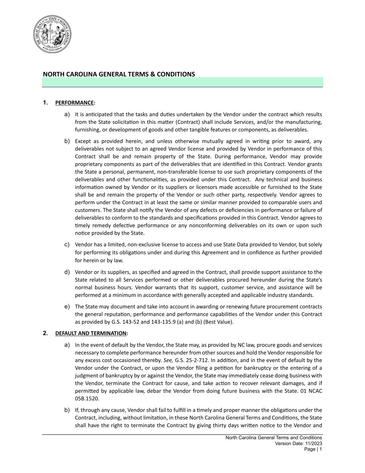 North Carolina General Terms And Conditions screenshot