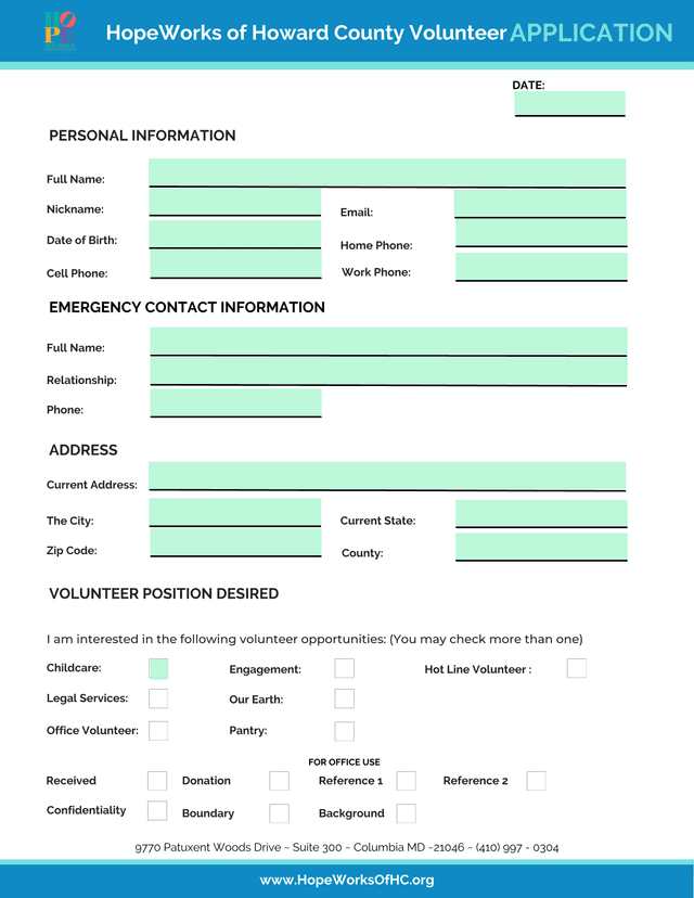 HopeWorks Of Howard County Volunteer APPLICATION screenshot