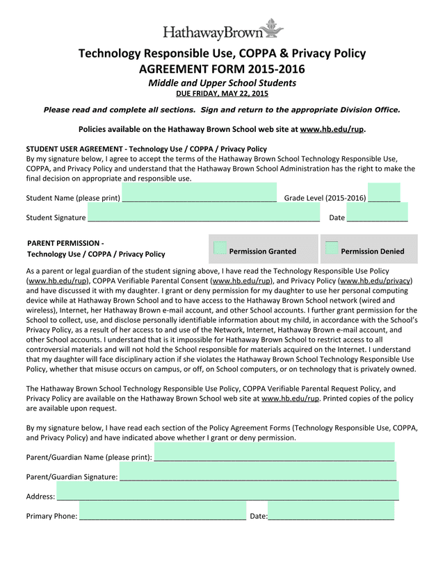 Technology Responsible Use, COPPA  Privacy Policy AGREEMENT FORM 2015 2016 screenshot