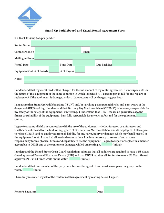 Stand Up Paddleboard And Kayak Rental Agreement Form screenshot