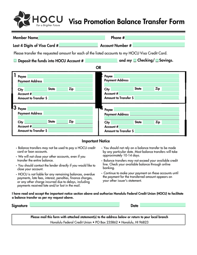 Visa Promotion Balance Transfer Form screenshot