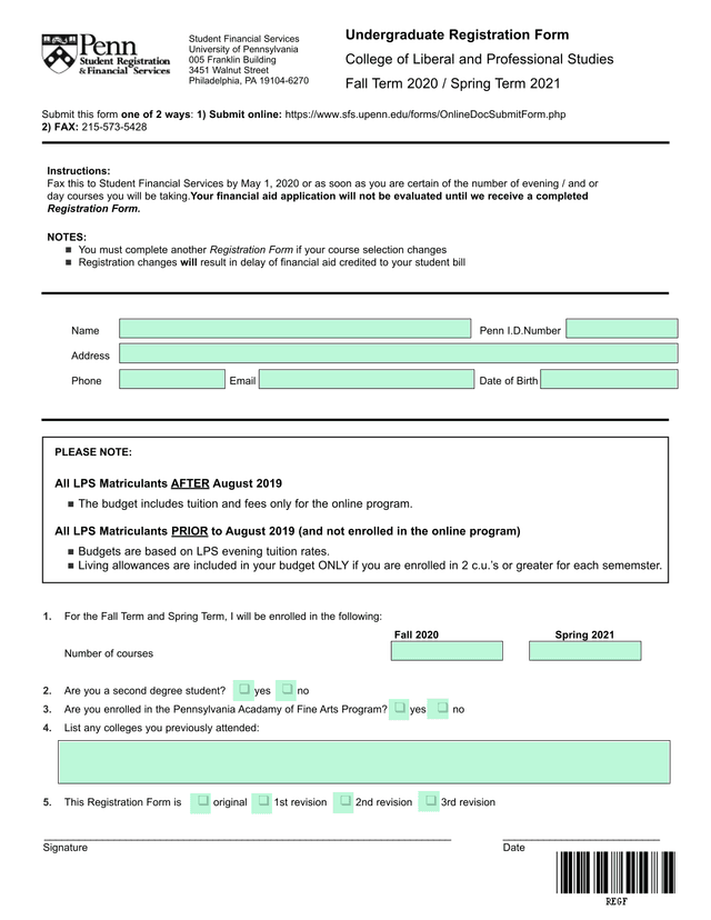 Undergraduate Registration Form screenshot