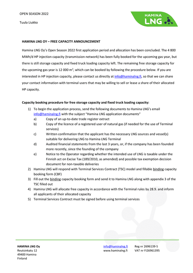 HAMINA LNG OY  FREE CAPACITY ANNOUNCEMENT screenshot