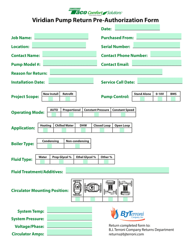 Viridian Pump Return Pre Authorization Form screenshot