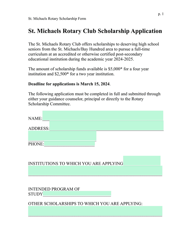 St. Michaels Rotary Scholarship Form screenshot