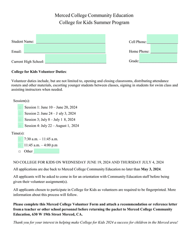 Merced College Community Education College For Kids Volunteer Form screenshot
