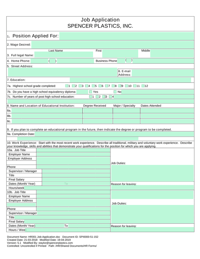 HR001 Job Application.Doc screenshot