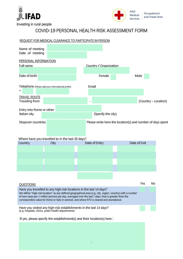 COVID 19 PERSONAL HEALTH RISK ASSESSMENT FORM screenshot