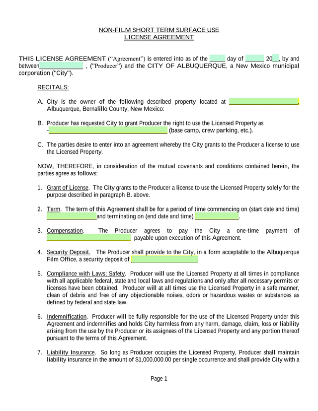 NON FILM SHORT TERM SURFACE USE LICENSE AGREEMENT screenshot