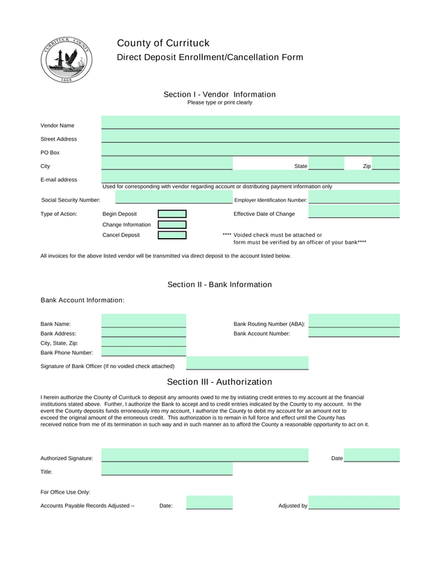 Direct Deposit EnrollmentCancellation Form screenshot