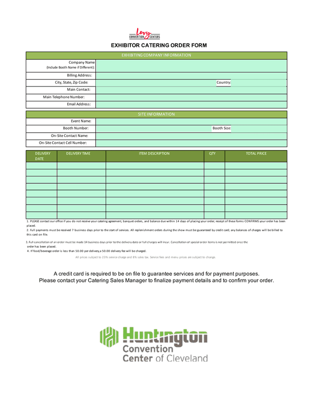 EXHIBITOR CATERING ORDER FORM screenshot