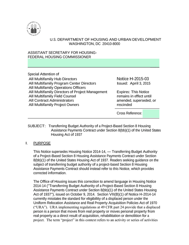 Transferring Budget Authority Of A Project Based Section 8 Housing Assistance Payments Contract screenshot