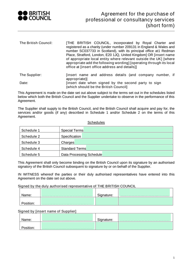 Agreement For The Purchase Of Professional Or Consultancy Services (Short Form) screenshot