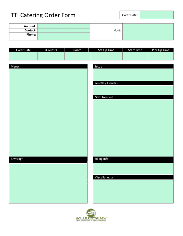 TTI Catering Order Form screenshot