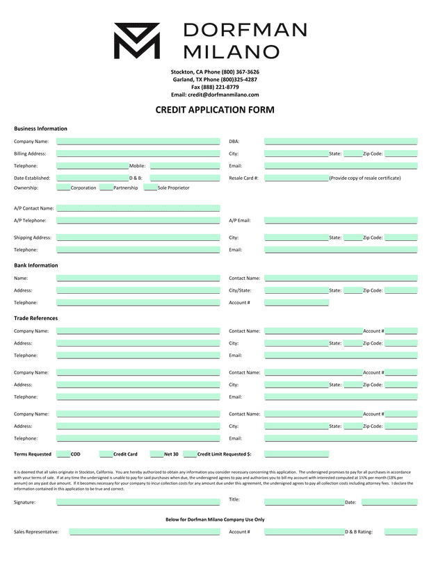 Credit Application Form screenshot