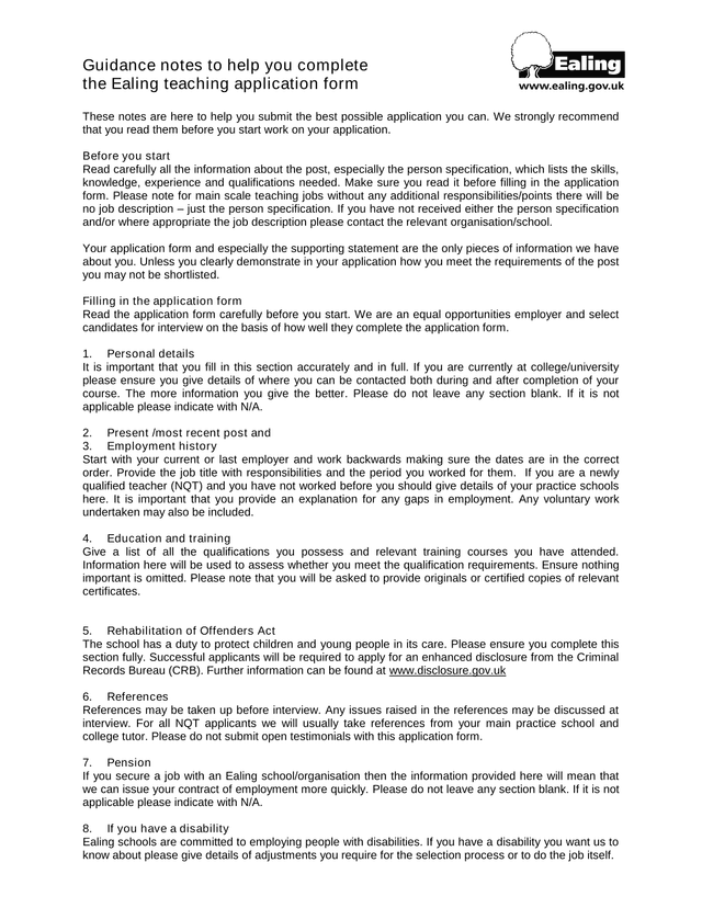 Ealing Teaching Application Form Guidance Notes screenshot