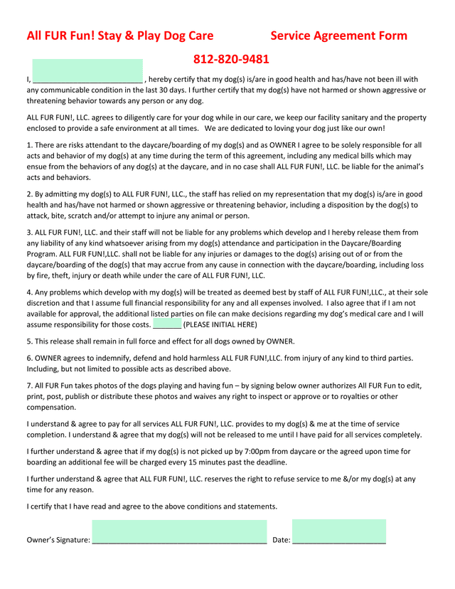 All FUR Fun Stay  Play Dog Care Service Agreement Form screenshot