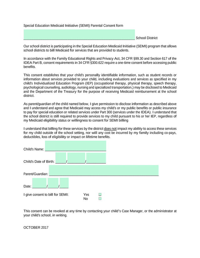 Special Education Medicaid Initiative (SEMI) Parental Consent Form screenshot