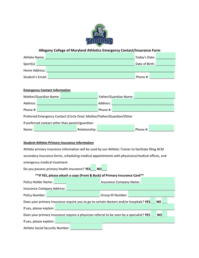Allegany College Of Maryland Athletics Emergency ContactInsurance Form screenshot