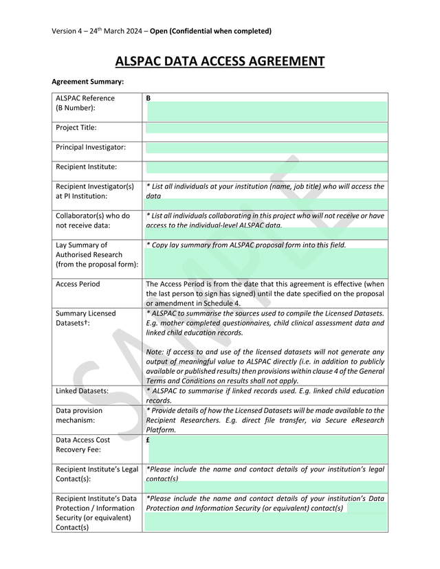ALSPAC DATA ACCESS AGREEMENT screenshot