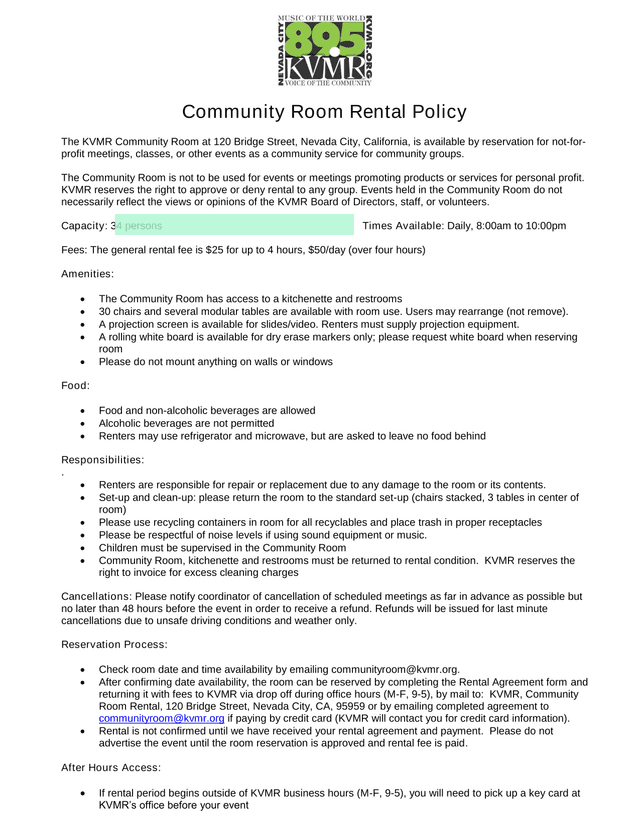 Community Room Rental Policy screenshot