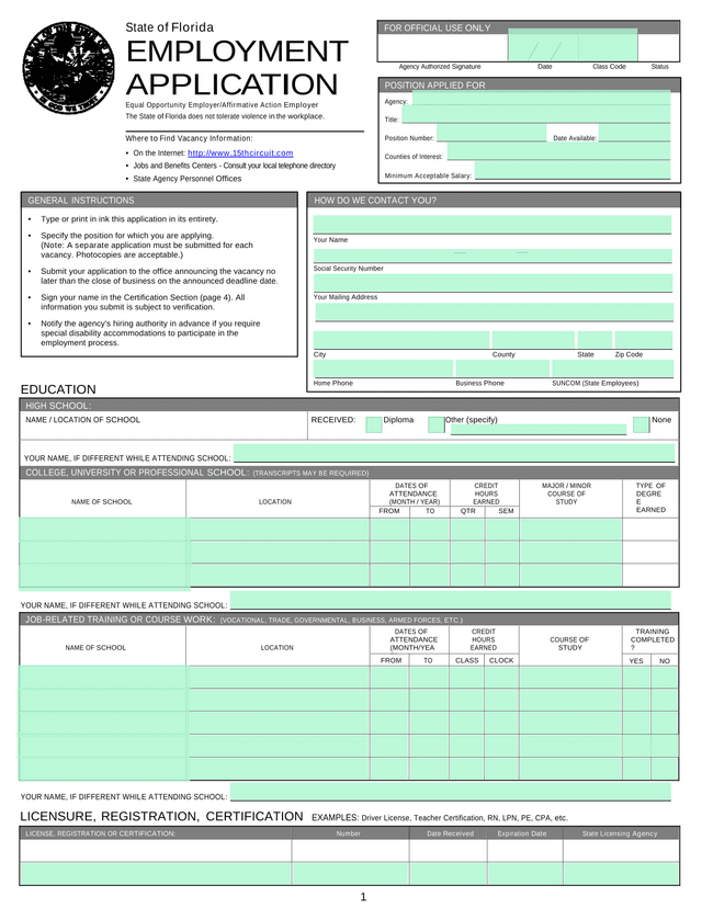 State Of Florida Employment Application screenshot