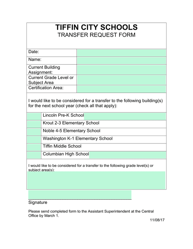 TIFFIN CITY SCHOOLS TRANSFER REQUEST FORM screenshot