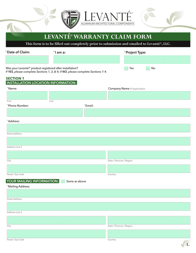 Levant Warranty Claim Form screenshot