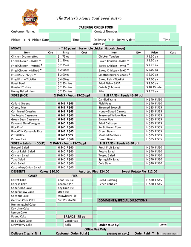 The PotterS House Soul Food Bistro Catering Order Form screenshot