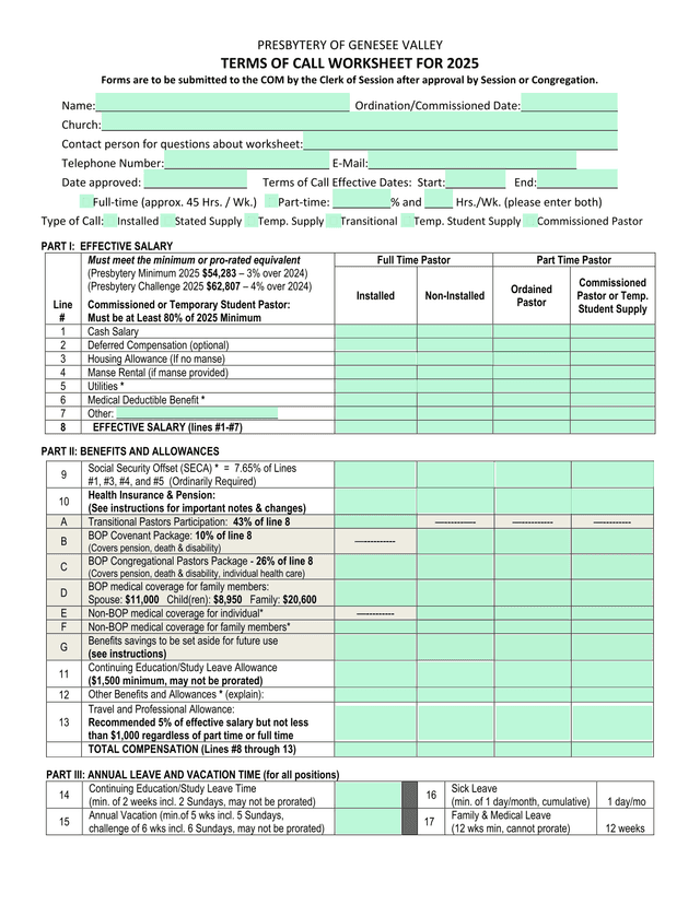 Presbytery Of Genesee Valley Terms Of Call Worksheet For 2025 screenshot