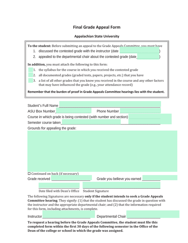 Final Grade Appeal Form screenshot