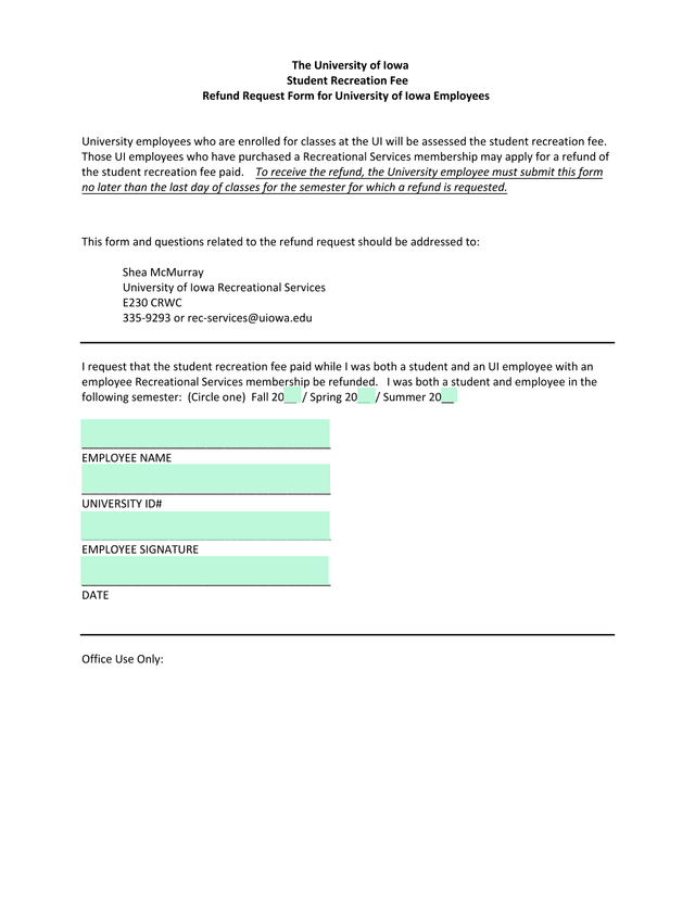 Student Recreation Fee Refund Request Form screenshot