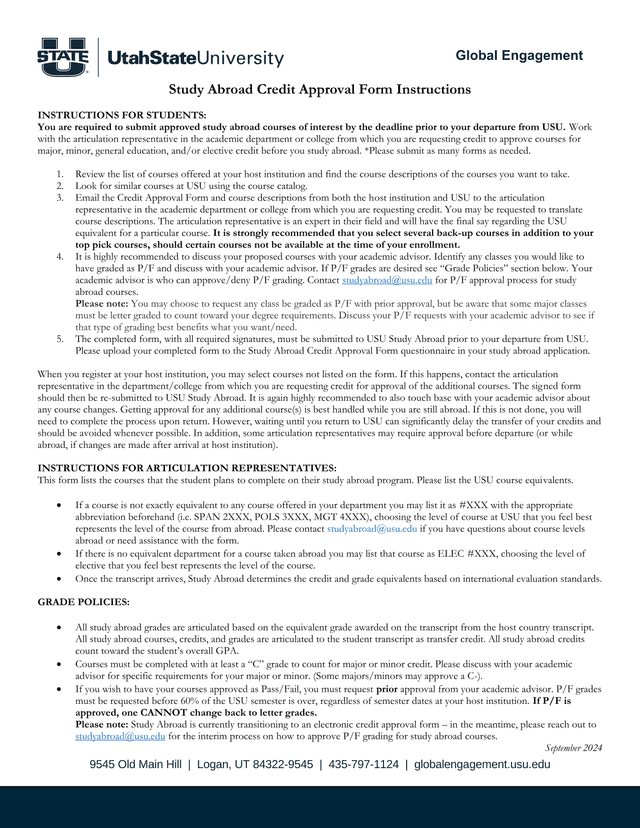 Study Abroad Credit Approval Form Instructions screenshot