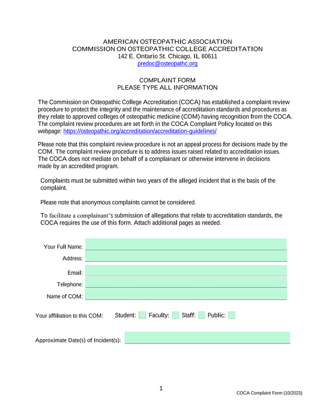 COCA Complaint Form screenshot