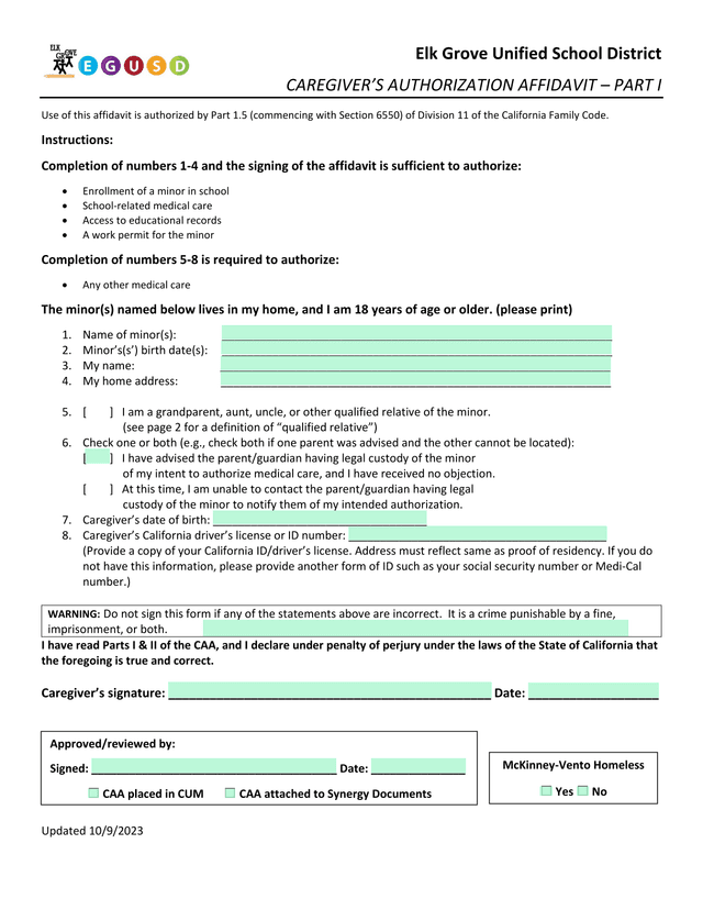 CaregiverS Authorization Affidavit screenshot