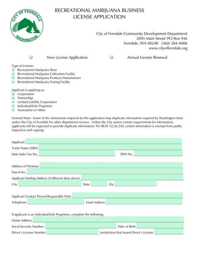 Recreational Marijuana Business License Application screenshot